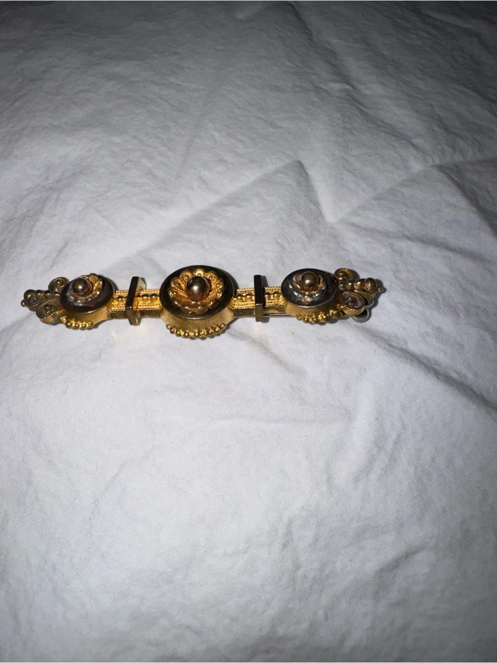 Fits all Criteria for (1837–1901) Victorian Gold-Tone Decorative Bar Brooch